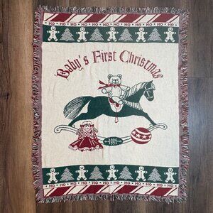 Vintage 1994 Babys First Holiday‎ Tapestry Throw Blanket 37”x47” Teddy